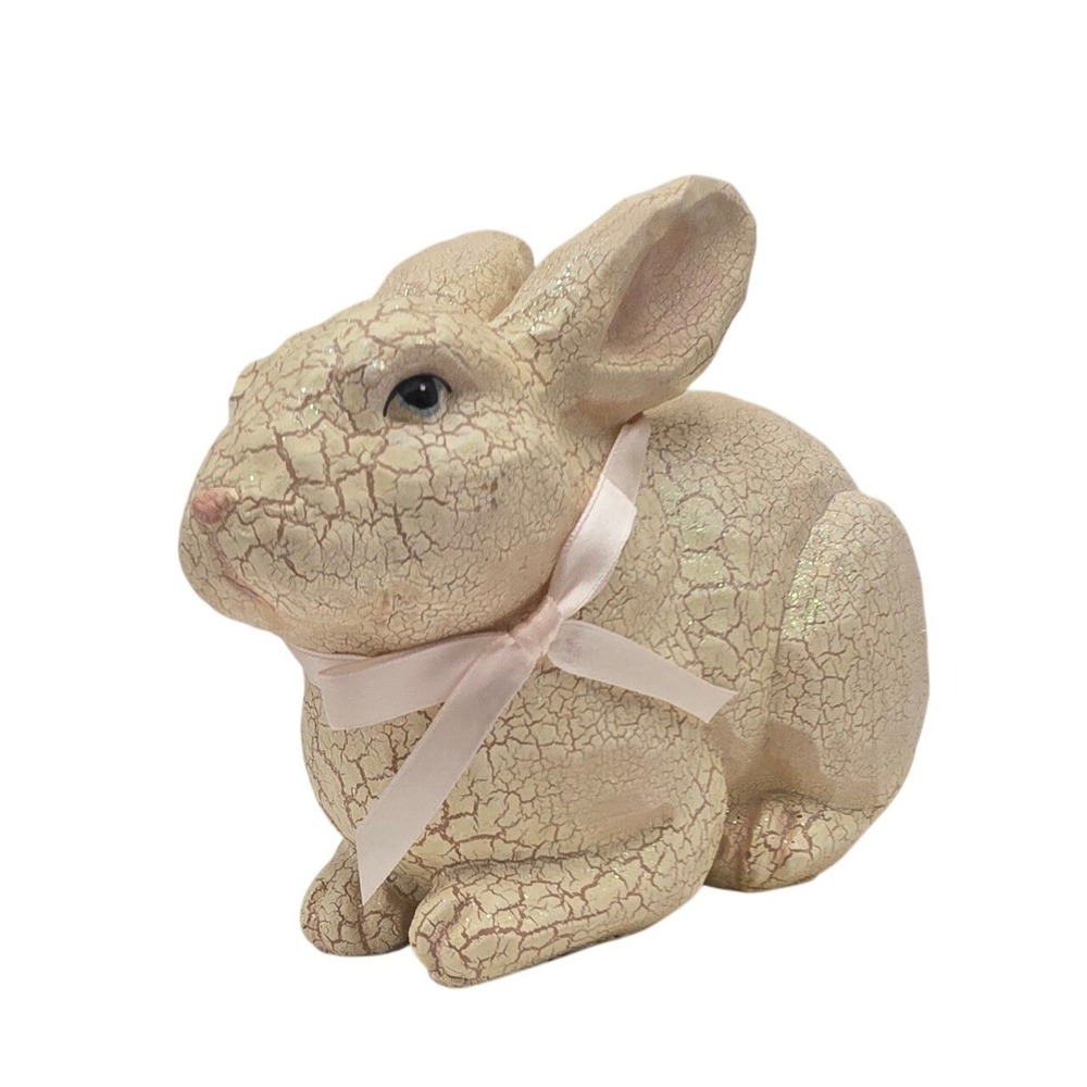 Nantucket Home Cream Crackle Glaze Bunny Rabbit Figurine Iridescent Glitter Bow